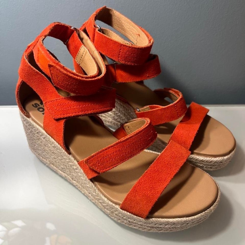 Sorel Women's Cameron Multi Strap Wedge Sandals in the signal red suede color